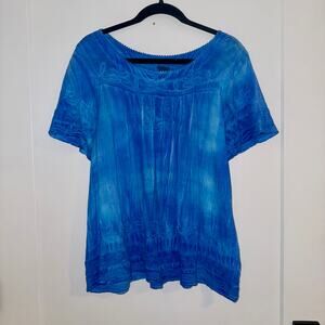 Vintage La Cotonniere Blue Embroidered Top Large Cotton Boho Blouse EUC